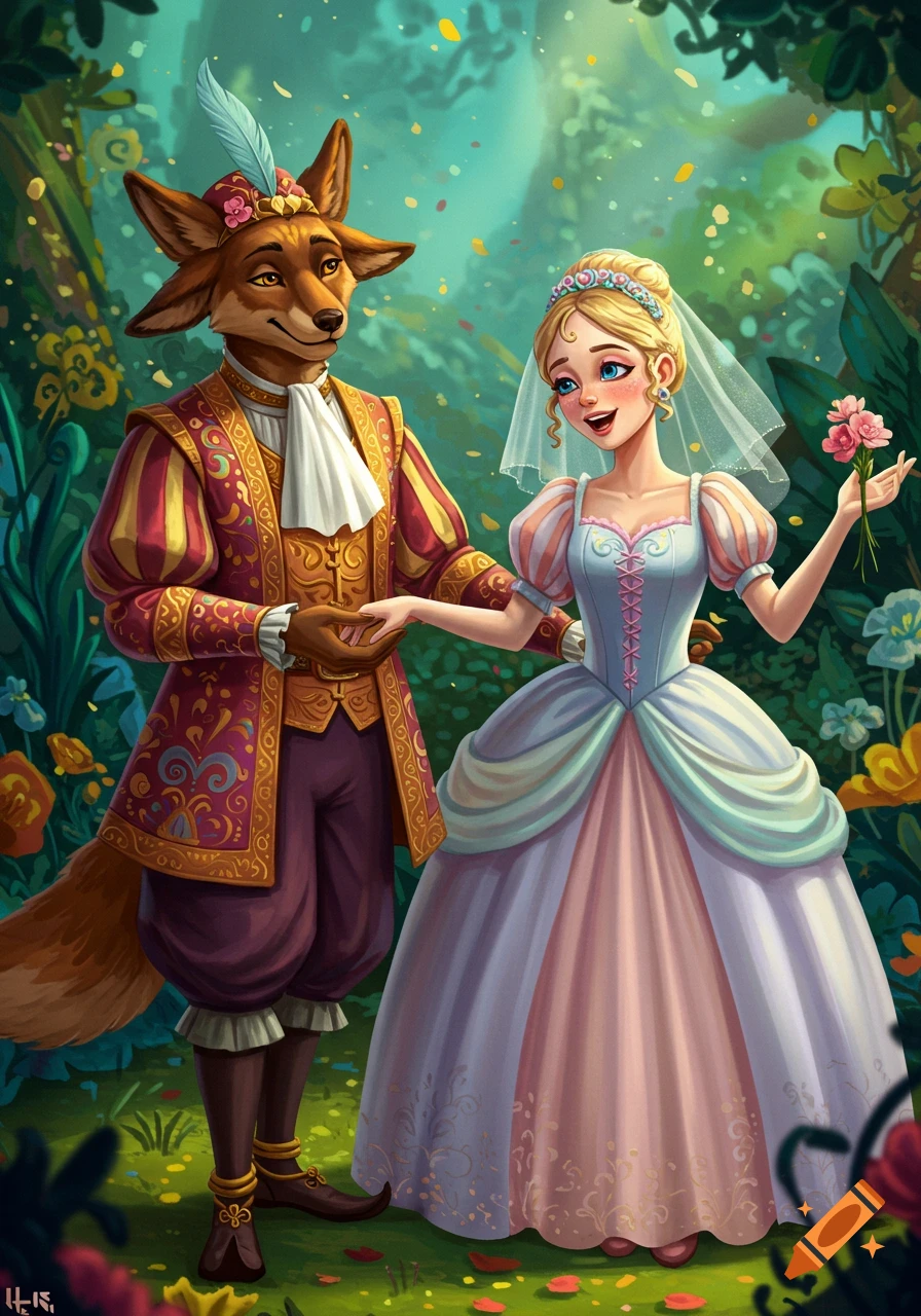 An anthropomorphic fox groom in a fancy suit holds hands with a human bride in a wedding dress in a fantasy forest illustration.