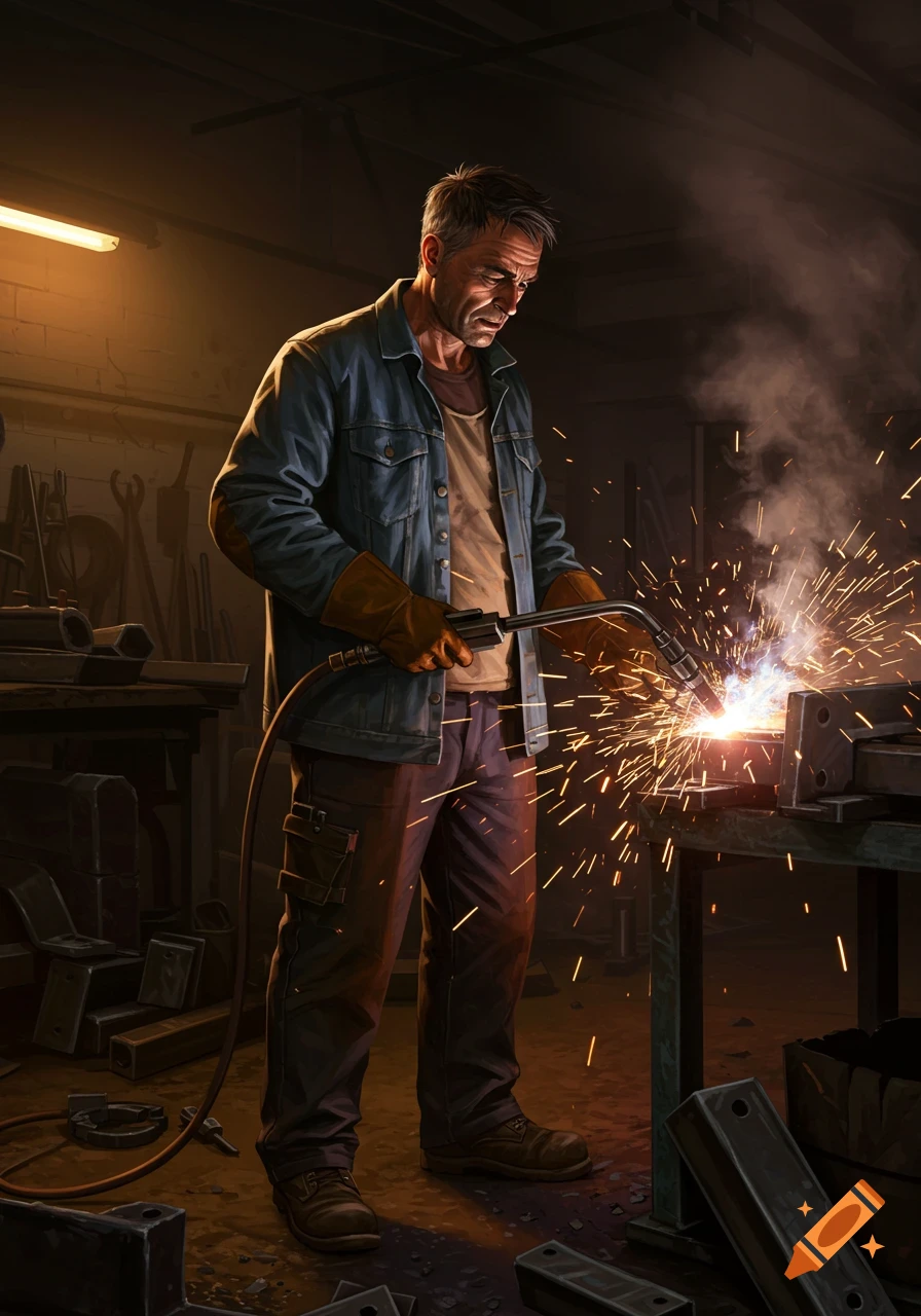 A man welding metal in a dark workshop, sparks flying.
