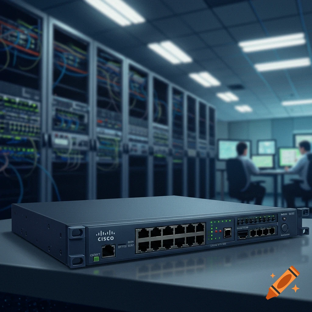 A network switch on a table in a server room with servers and people in the background.