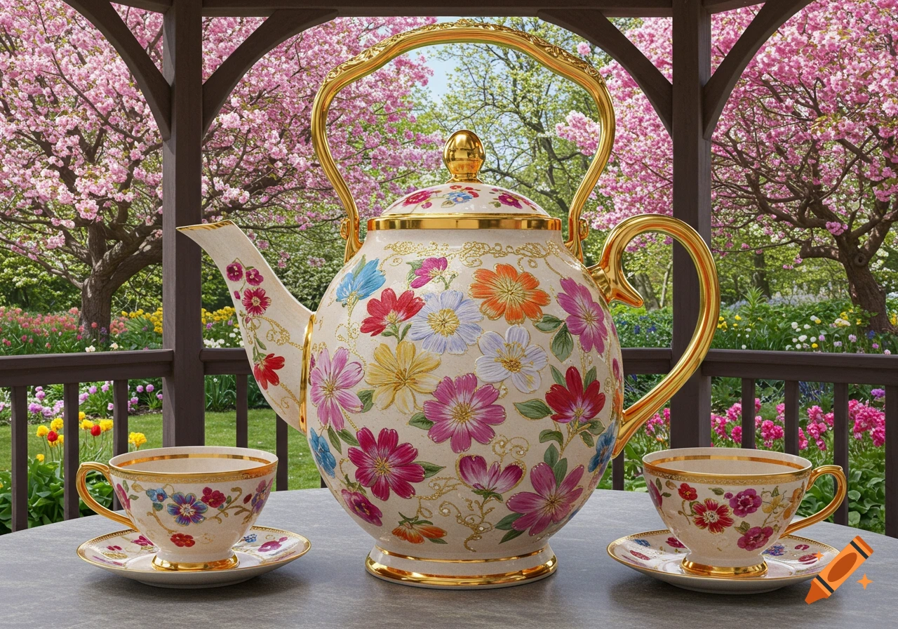 Floral decorated teapot and teacups on a table in a garden gazebo.