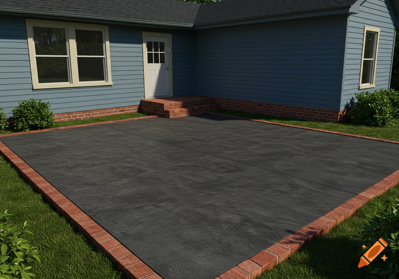 A charcoal cement patio with a red brick border next to a blue house.