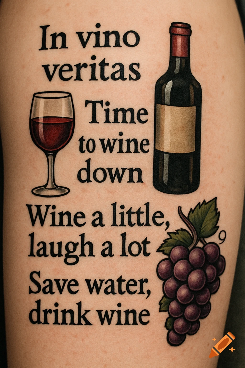 Tattoo on skin with wine quotes, glass, bottle, and grapes