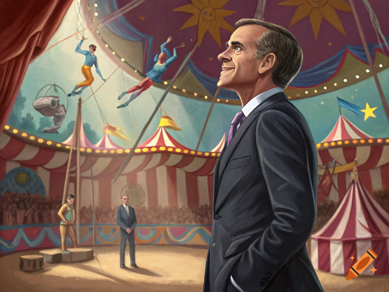 Illustration of a man in a suit standing in a circus tent with trapeze artists in the background.