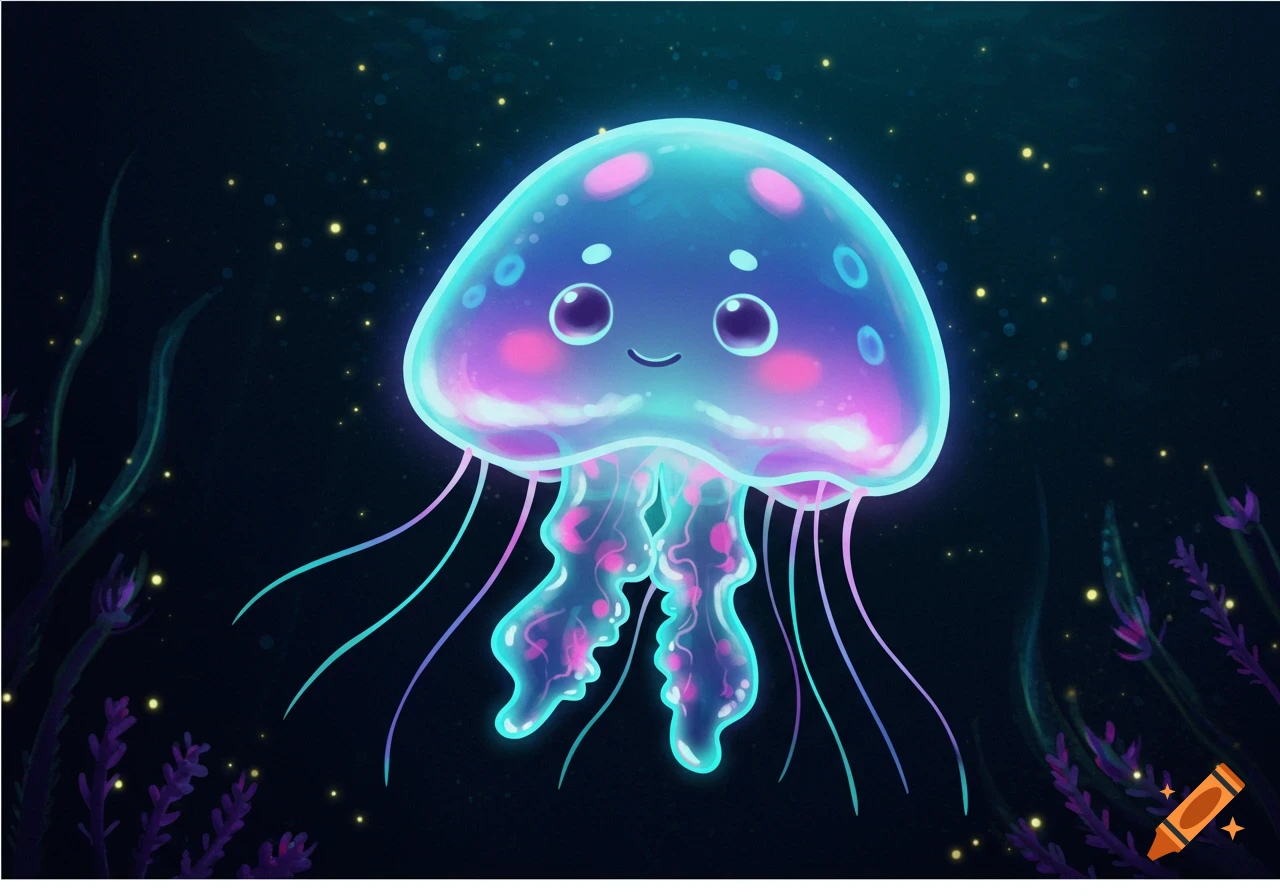 Cute glowing jellyfish swims underwater with glowing plankton and plants, illustration