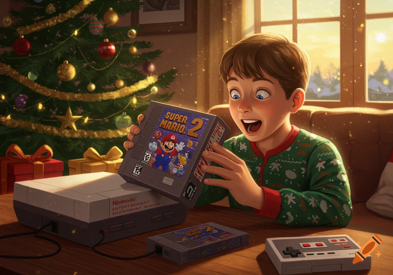 Excited boy opening Super Mario 2 game box for Christmas next to a Nintendo NES console and tree.
