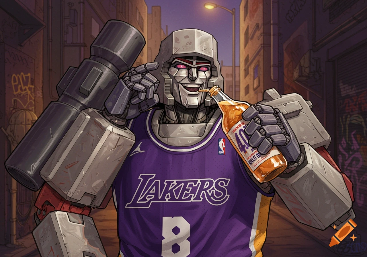 Illustration of Megatron from Transformers wearing a purple and gold Lakers basketball jersey and drinking from a bottle in an alleyway.