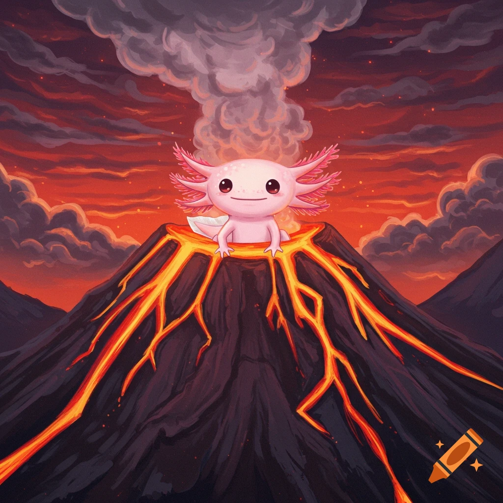 Cute pink axolotl sitting atop an erupting volcano with lava flowing down its sides, illustrated.