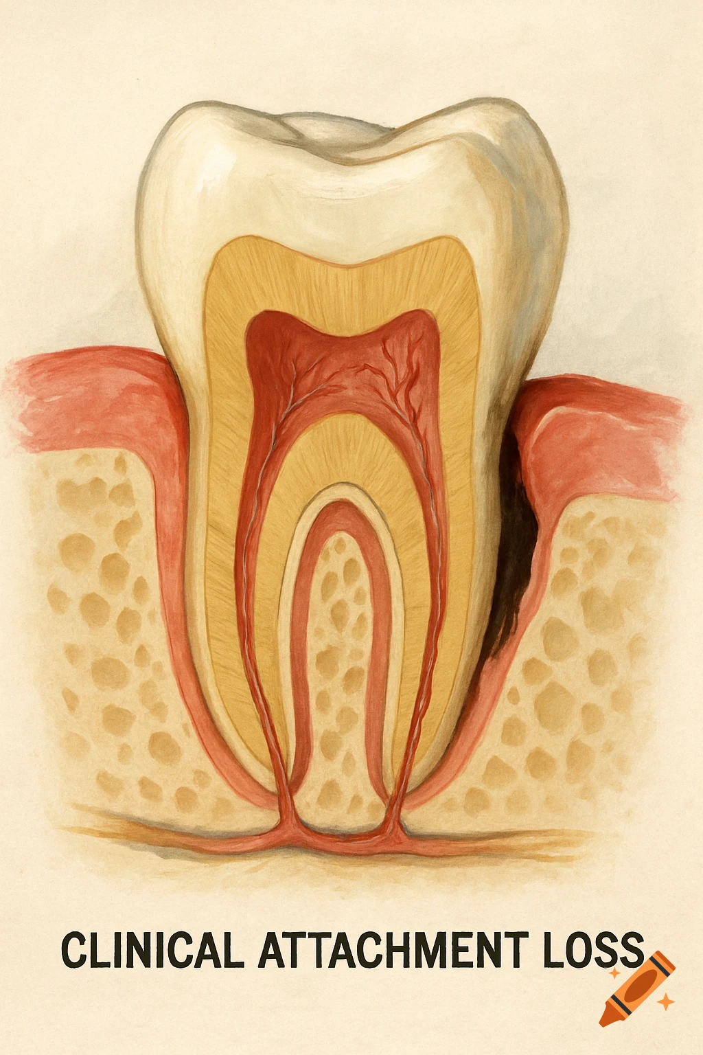 Watercolor illustration of a tooth cross-section showing clinical attachment loss with label.