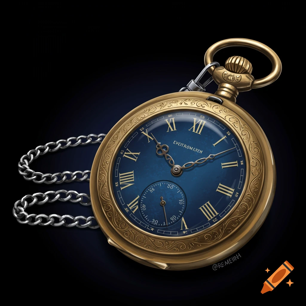 Close-up of a gold pocket watch with a blue face and Roman numerals.