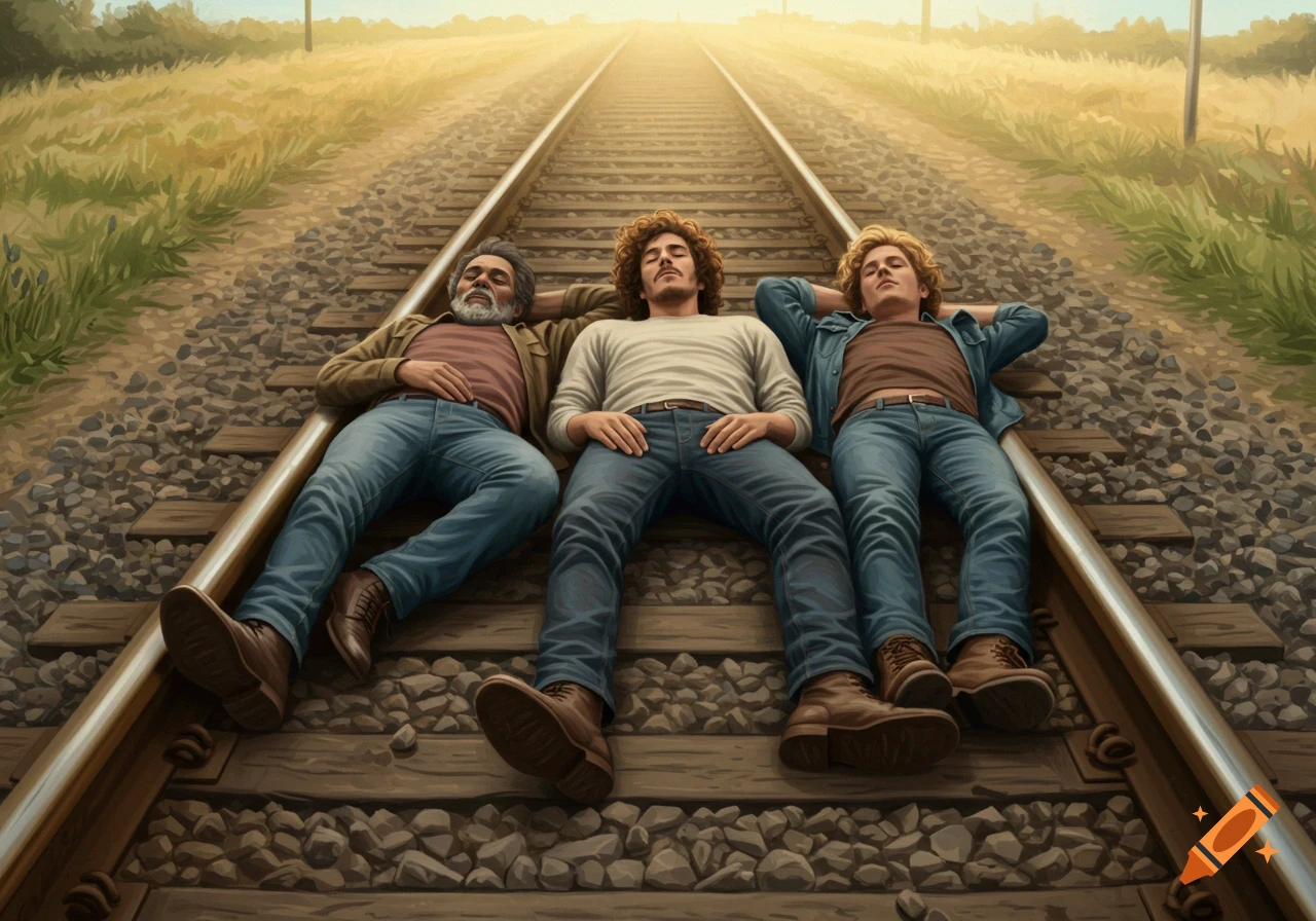 Three men lie on a railroad track looking up at the sky.