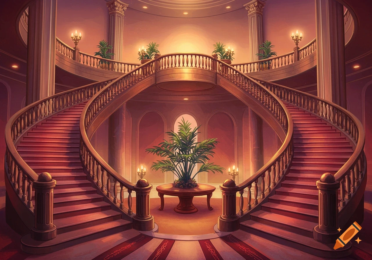 Grand sweeping double staircase in a luxurious building interior, illustration style.