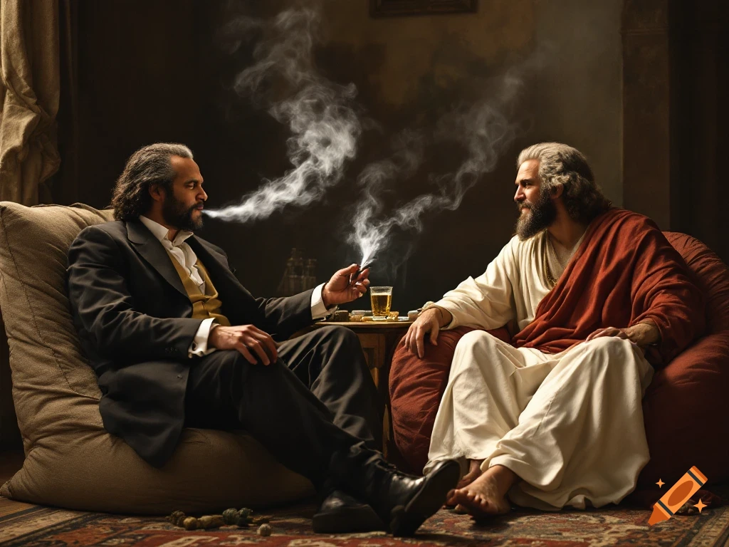 Two men, one in robes and one in a suit, sit in bean bags smoking, photorealistic style.