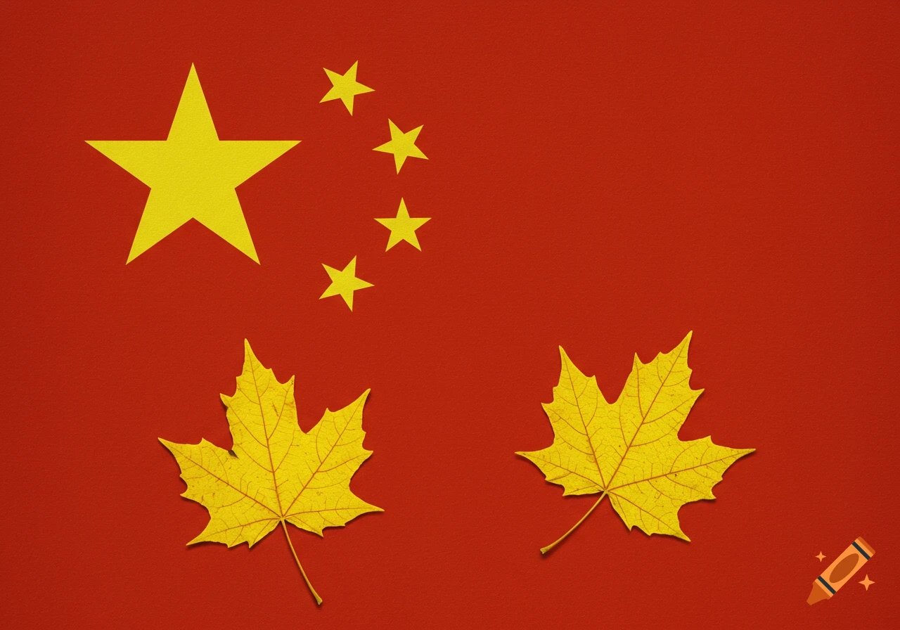 Chinese flag with two yellow maple leaves