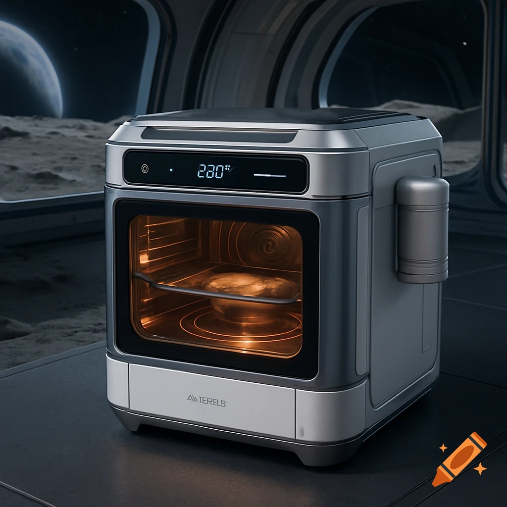 High-tech lunar stove in a futuristic lunar habitat with a view of the moon.