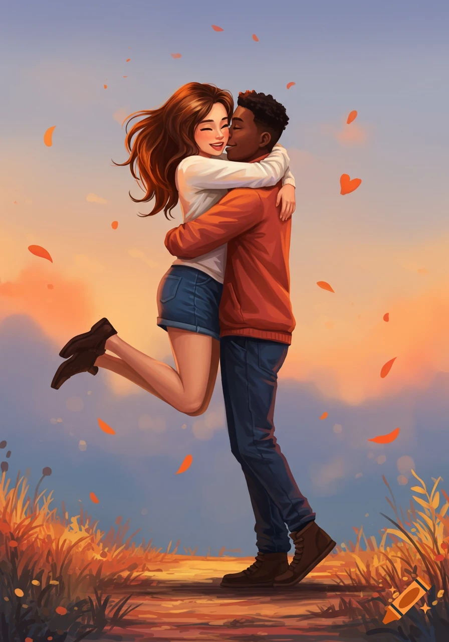 Illustrated couple hugging with woman lifted against sunset sky