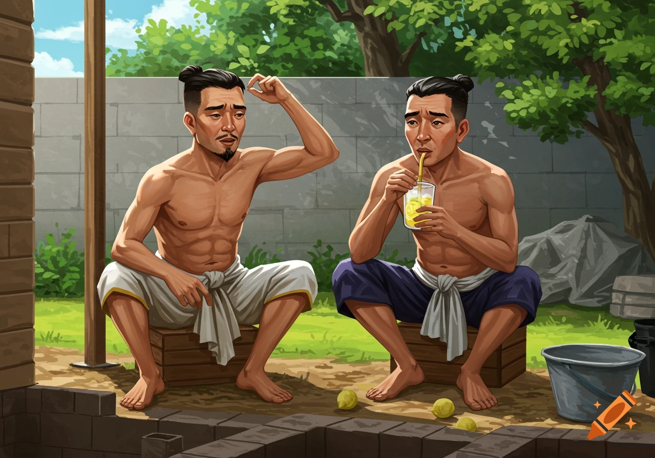 Two traditional Asian men sit shirtless in a backyard construction area, drinking lemonade.