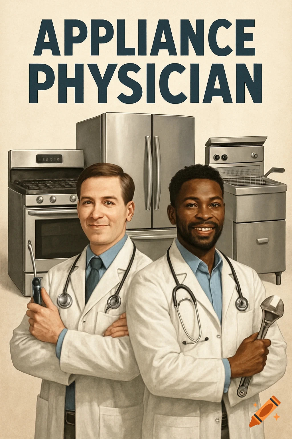 Two men in lab coats holding tools stand in front of appliances. Text reads APPLIANCE PHYSICIAN.