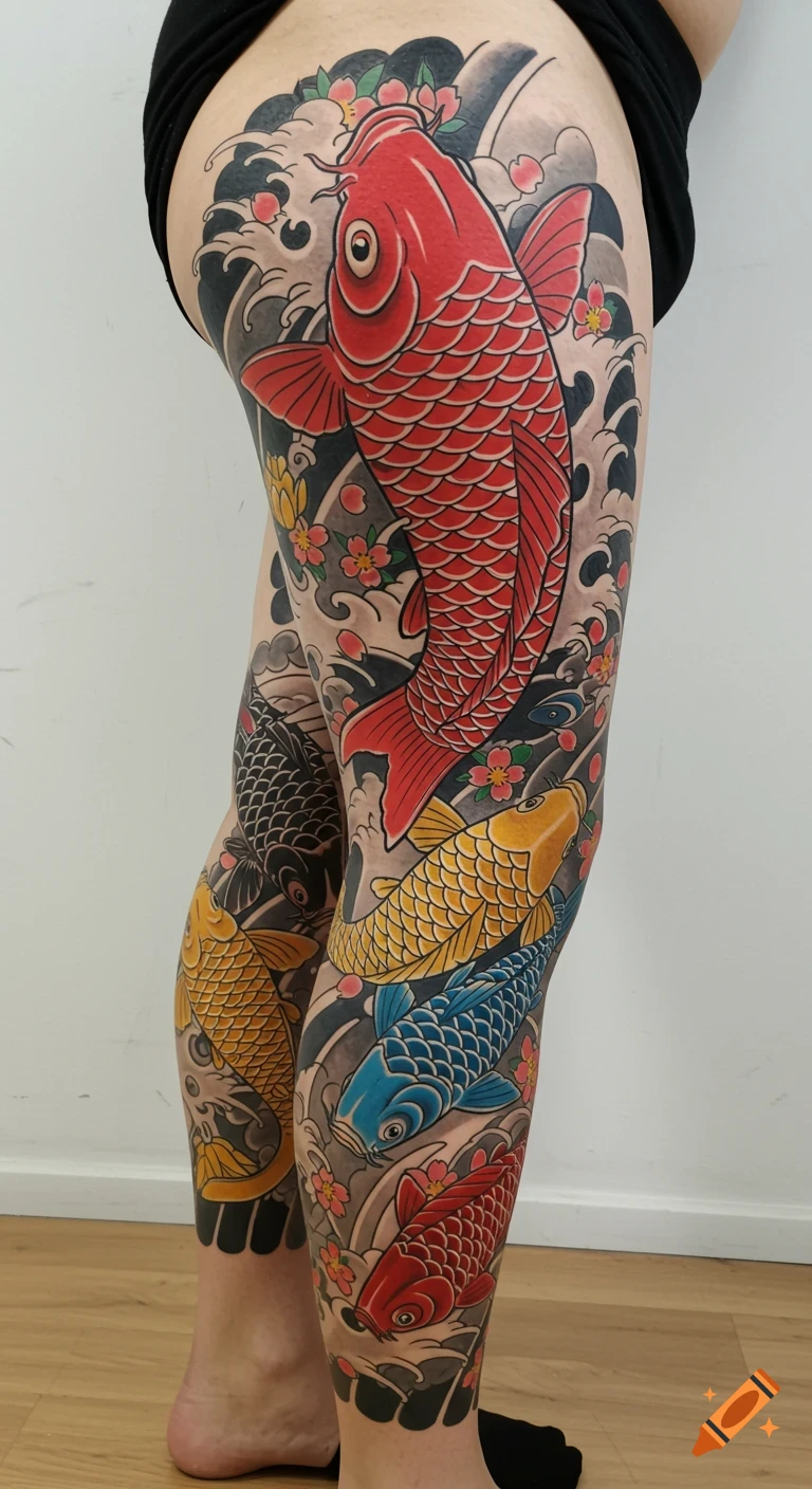 Japanese leg tattoo with red, black, yellow, and blue koi fish, waves, and cherry blossoms.