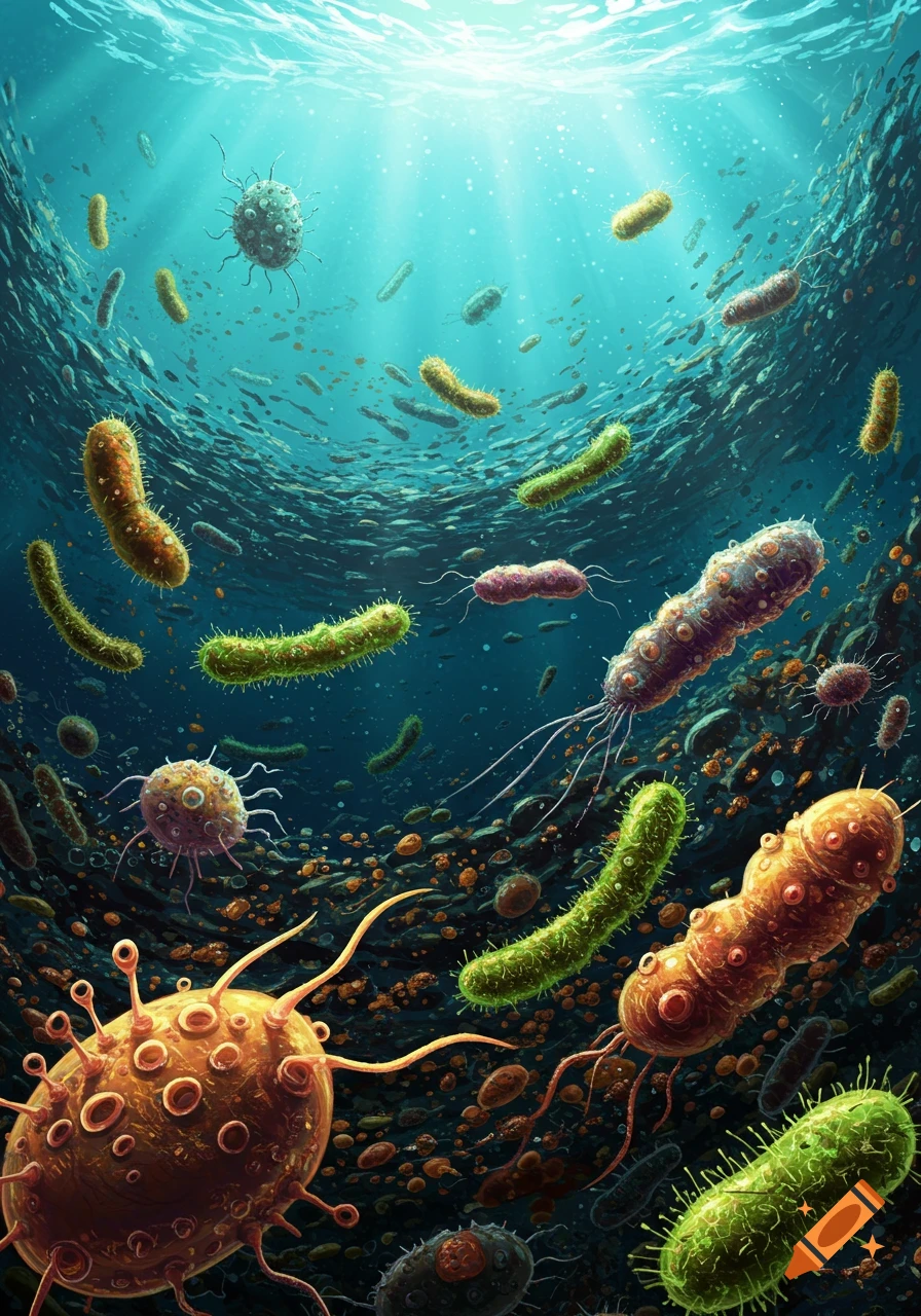 Various microorganisms underwater with light rays