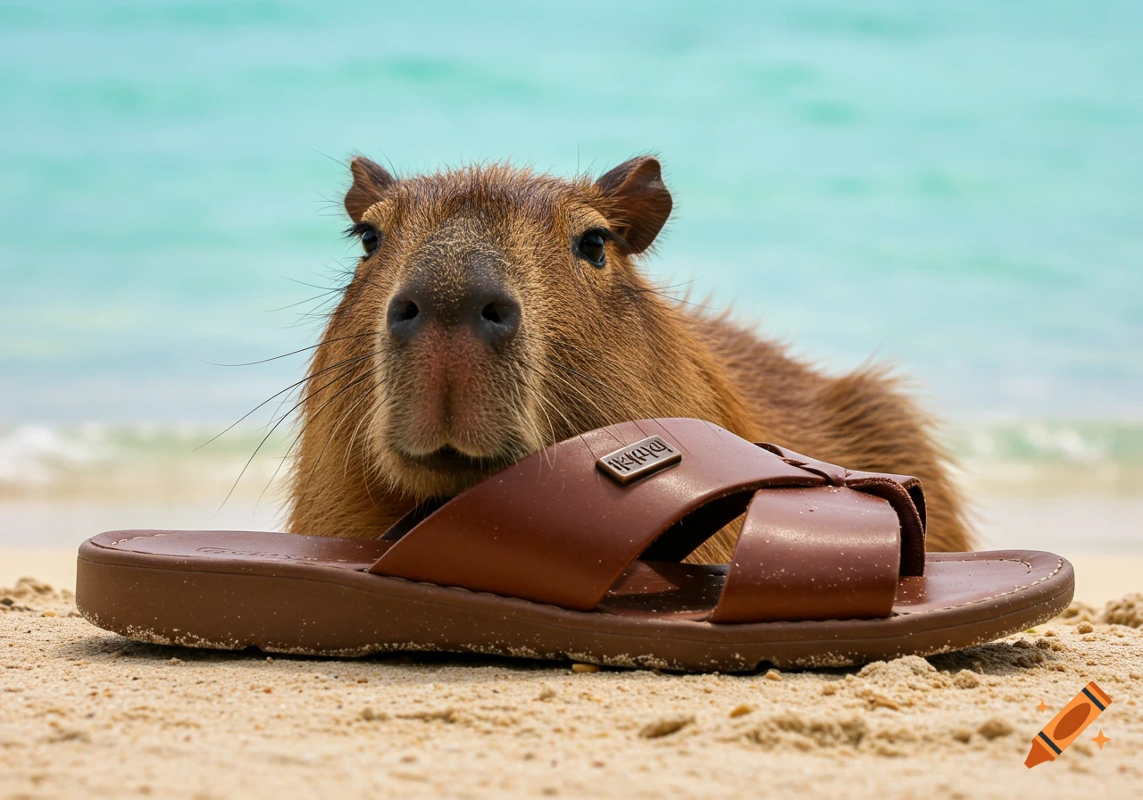 Close-up of a capybara's head behind a brown sandal on a beach.