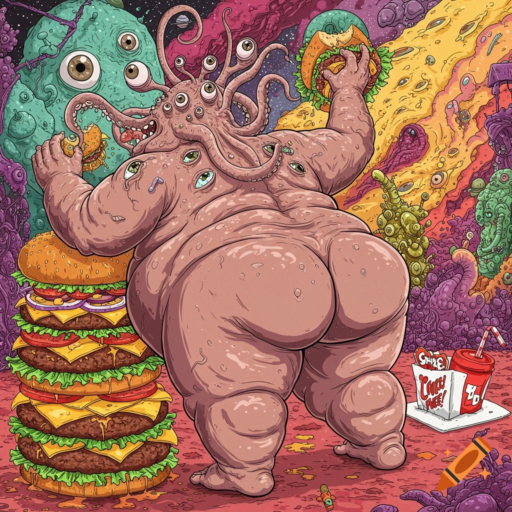 Grotesque alien creature with many eyes eats a burger next to a giant stack of burgers in a surreal landscape.