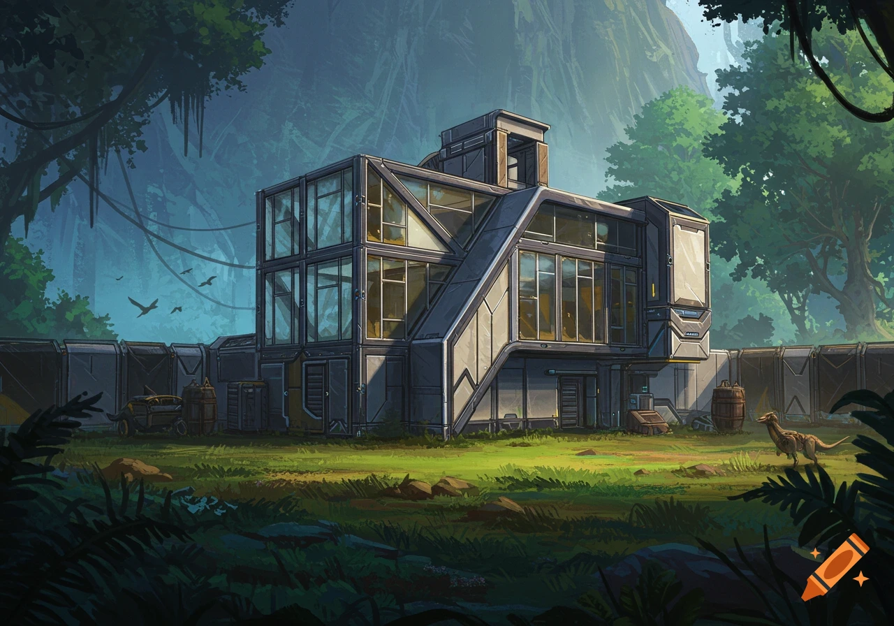 Modern building in a dense jungle landscape with a dinosaur.