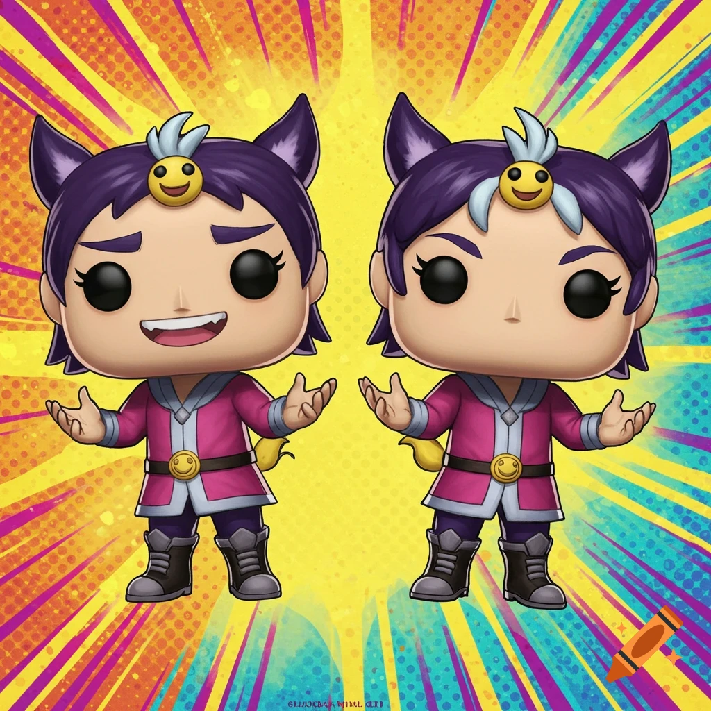 Two Funko Pop figures of a character with purple hair and pink outfit against a colorful background.
