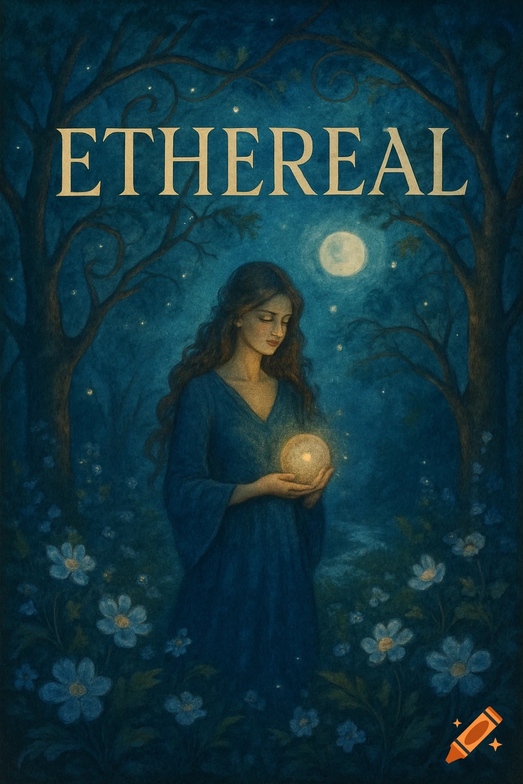 Woman in blue dress holds glowing orb in dark enchanted forest under moon with text 'ETHEREAL'.