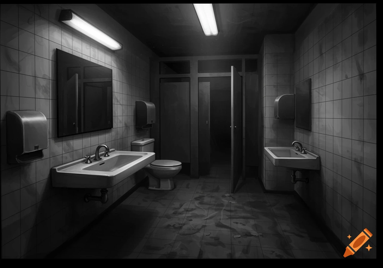 An eerie black and white view of a dimly lit public restroom with tiled walls, sinks, a toilet, and stalls.