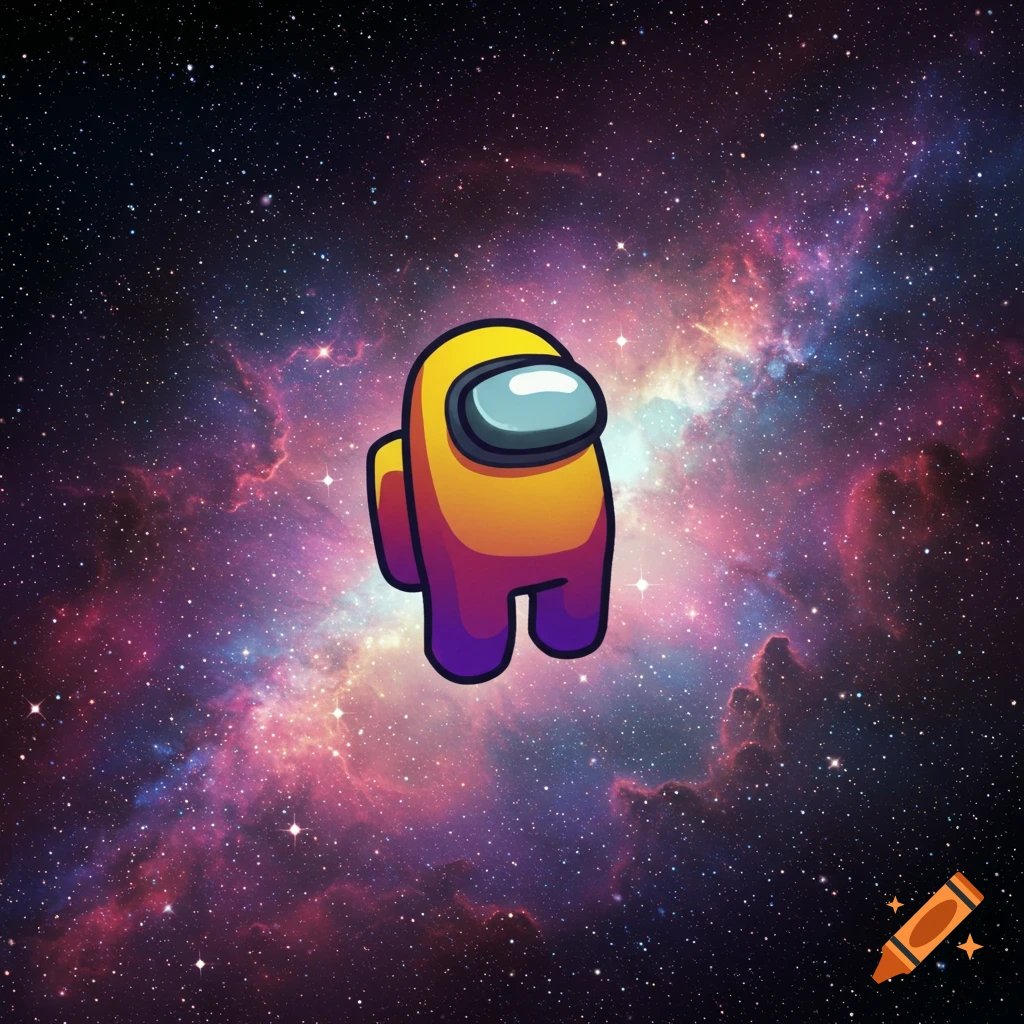An Among Us character floats in a colorful galaxy.