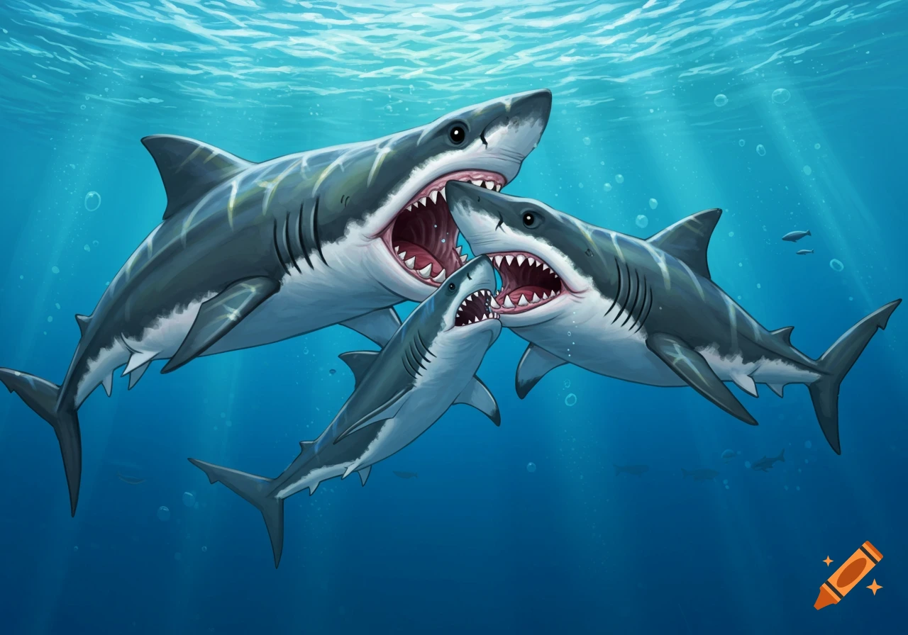 Three cartoon sharks, one inside the other, mouths open wide underwater, illustration.