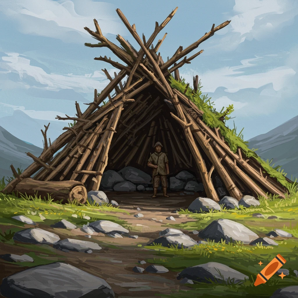 A person stands inside a rustic log and rock shelter in a grassy field with mountains in the background.