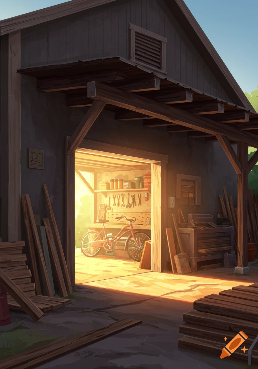 Illustrated scene of a rustic garage workshop filled with tools, wood, and a bicycle, sunlight streaming through the open door.