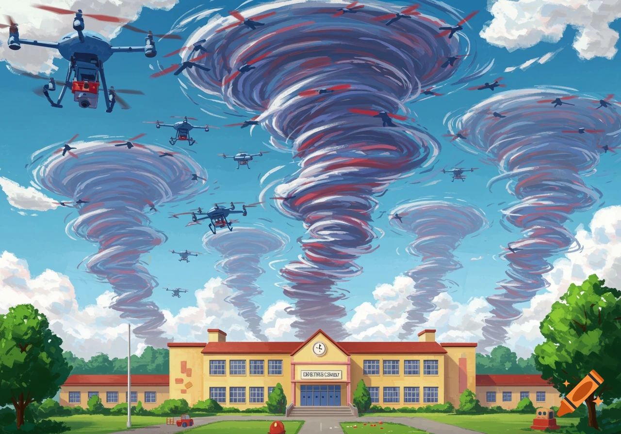 Drones fly among tornados above an elementary school in a painted style.