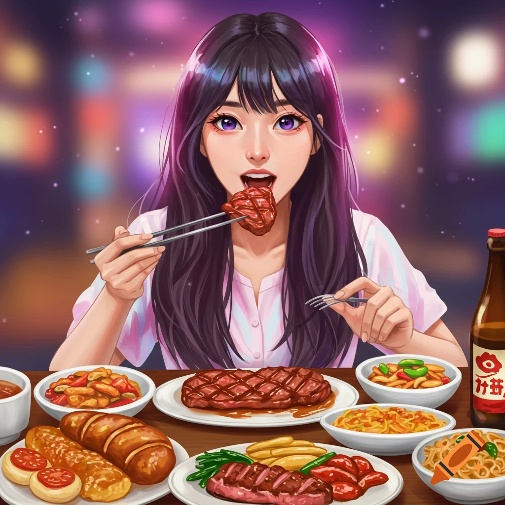 Anime illustration of a woman eating meat with chopsticks at a table loaded with food
