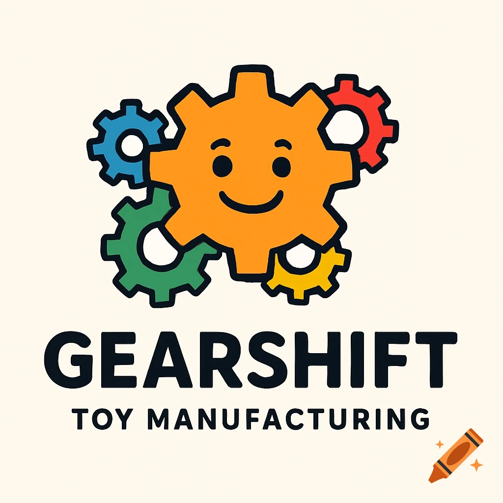 A logo featuring colorful gears, one with a smiling face, and the text GEARSHIFT TOY MANUFACTURING.