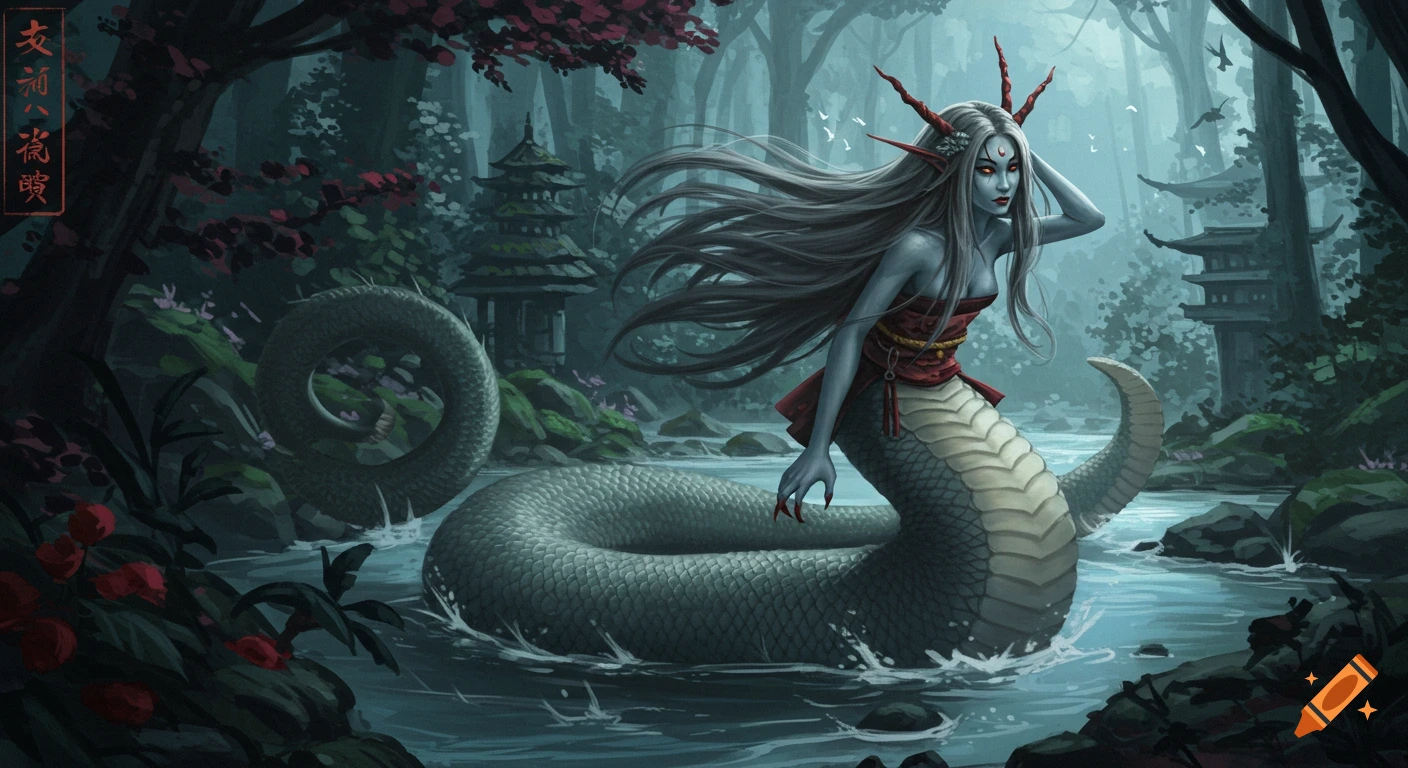 A Japanese yōkai with a woman's torso and snake tail sits in a river in a deep forest.