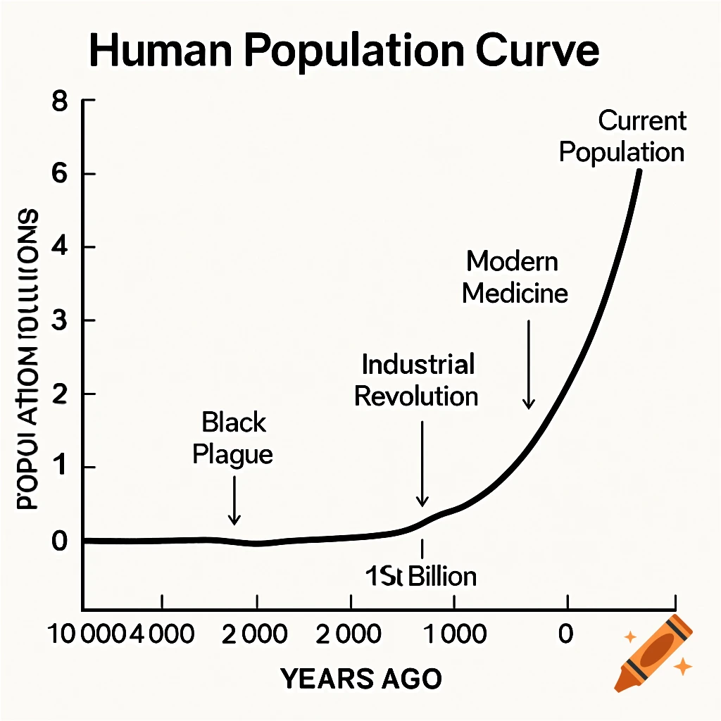 A graph showing human population growth over the last 10,000 years, with labels for milestones like Black Plague and Industrial Revolution.