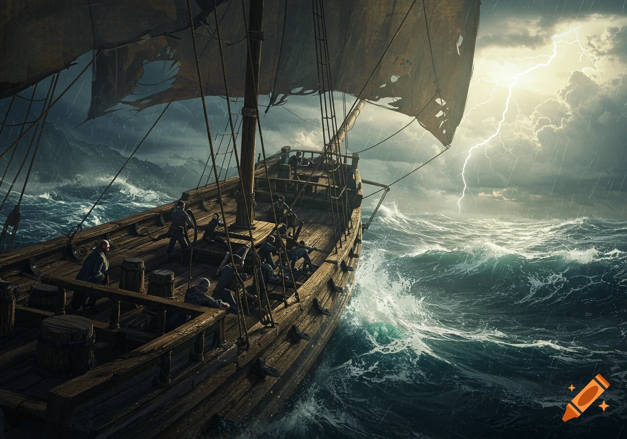 Wooden ship with torn sails battling a storm with lightning on rough seas. Illustration style.