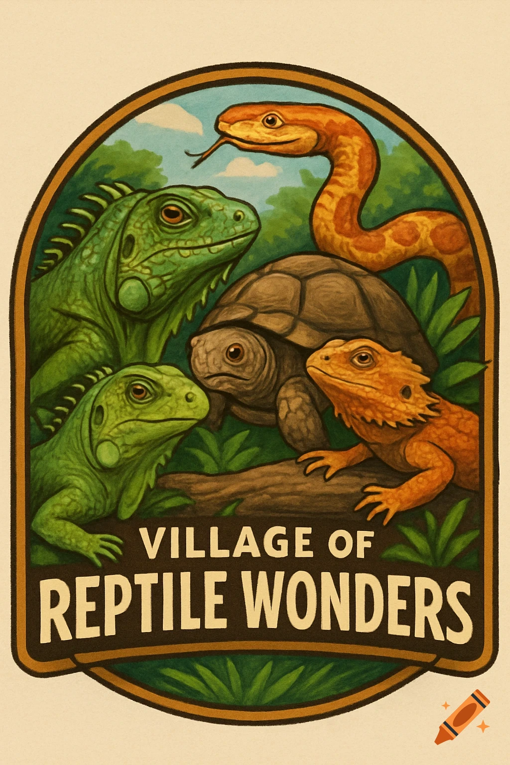 Illustration of iguanas, a turtle, a snake, and a bearded dragon in a logo shape with the text 'Village of Reptile Wonders'.