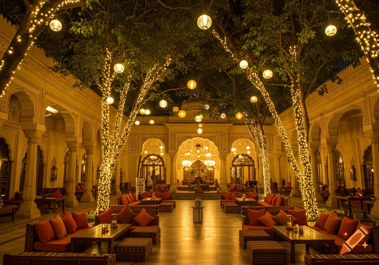 Outdoor seating area of a palace-like restaurant at night, with trees wrapped in sparkling lights and lanterns hanging.