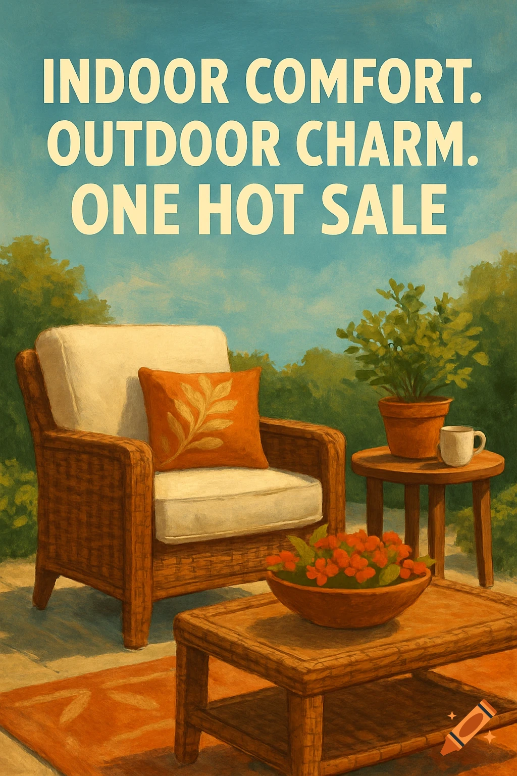 Painting of patio furniture with text 'Indoor Comfort. Outdoor Charm. One Hot Sale'
