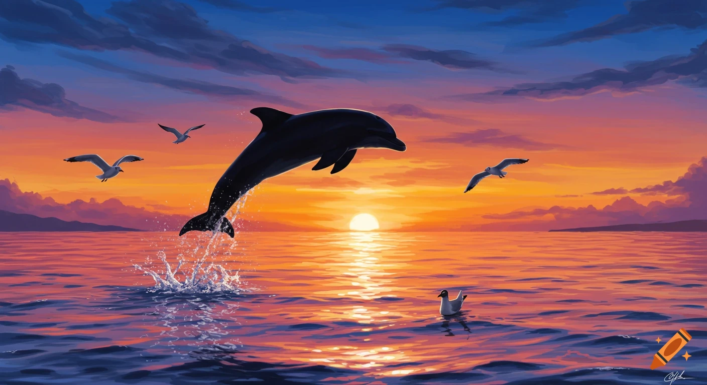 Dolphin jumps from ocean at sunset with seagulls.