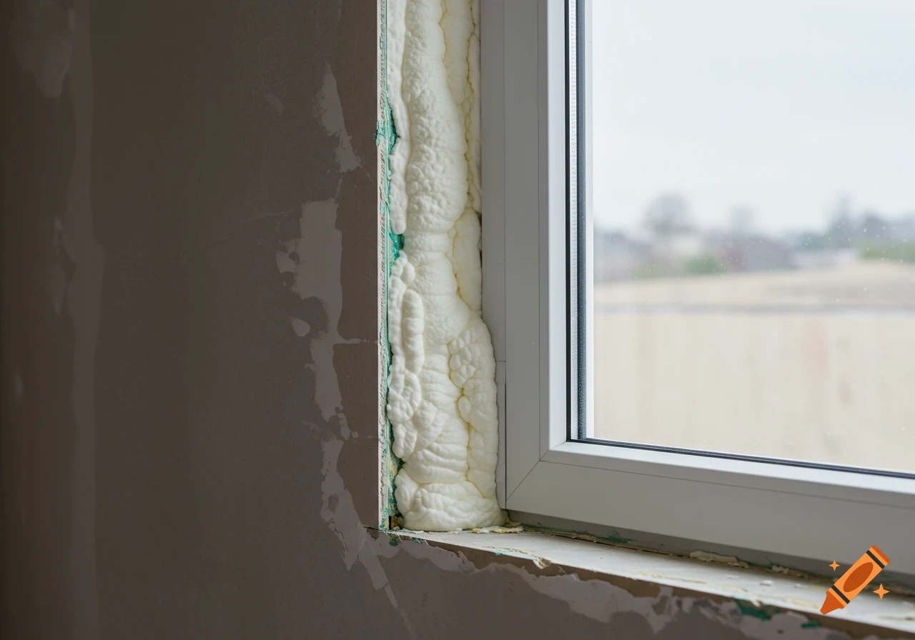 Close-up of a white window frame installed in an unfinished wall with expanding polyurethane foam visible around the edges.