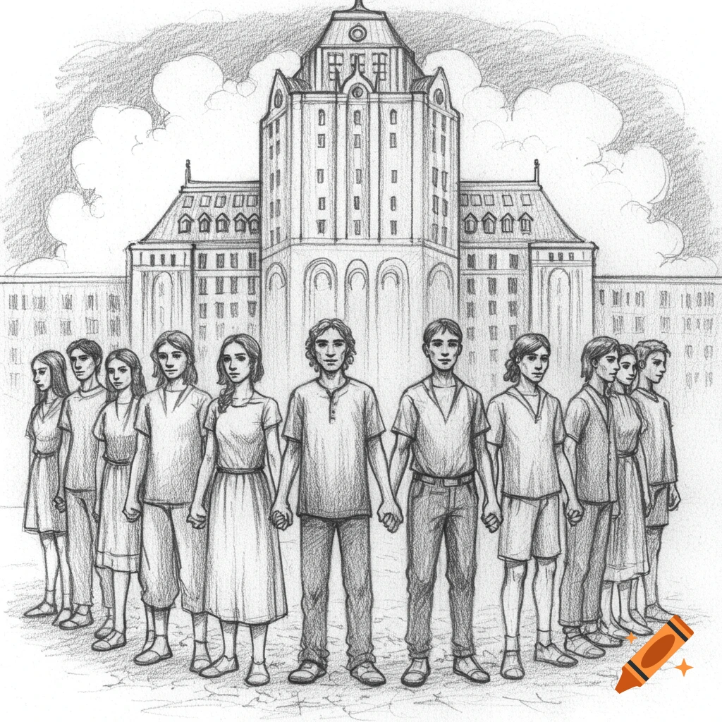 Pencil drawing of a group of people standing in front of a large building.