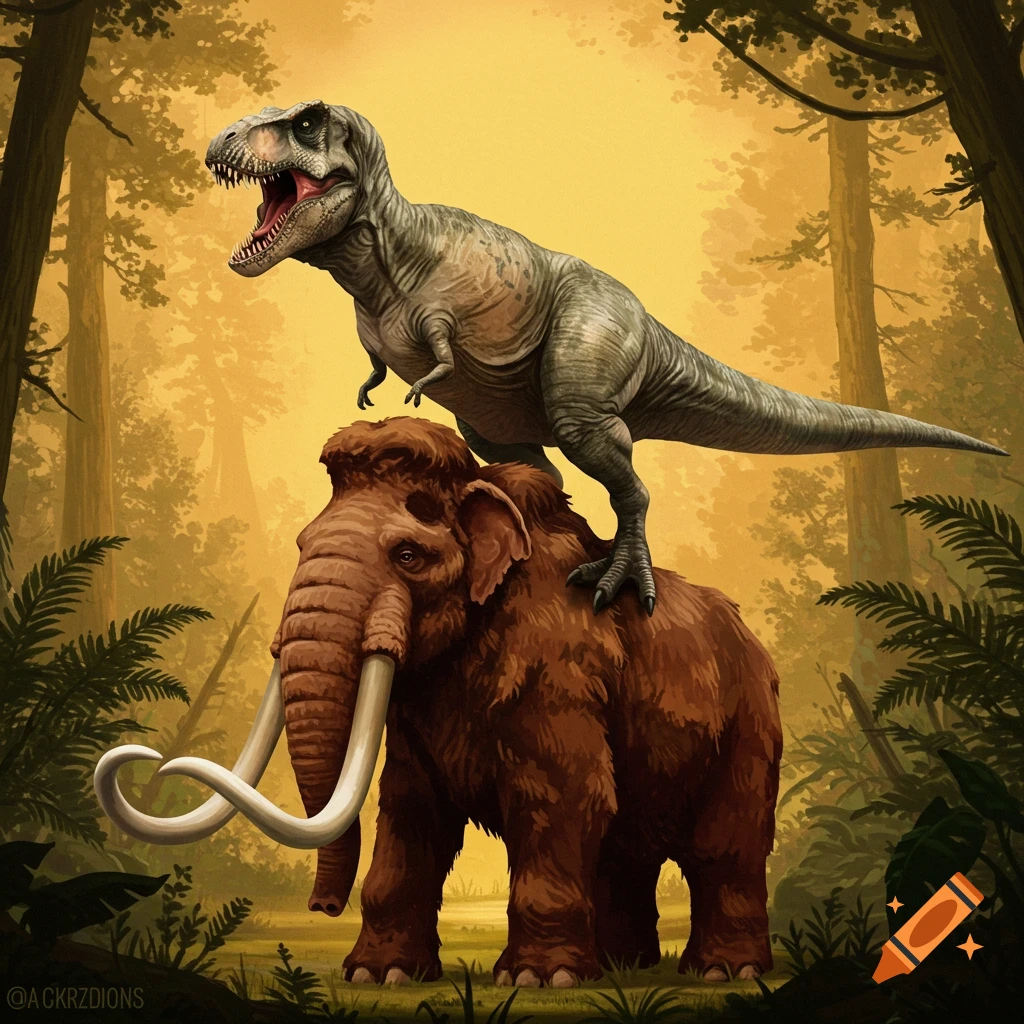 An illustration of a Tyrannosaurus Rex standing on the back of a woolly mammoth in a prehistoric forest.