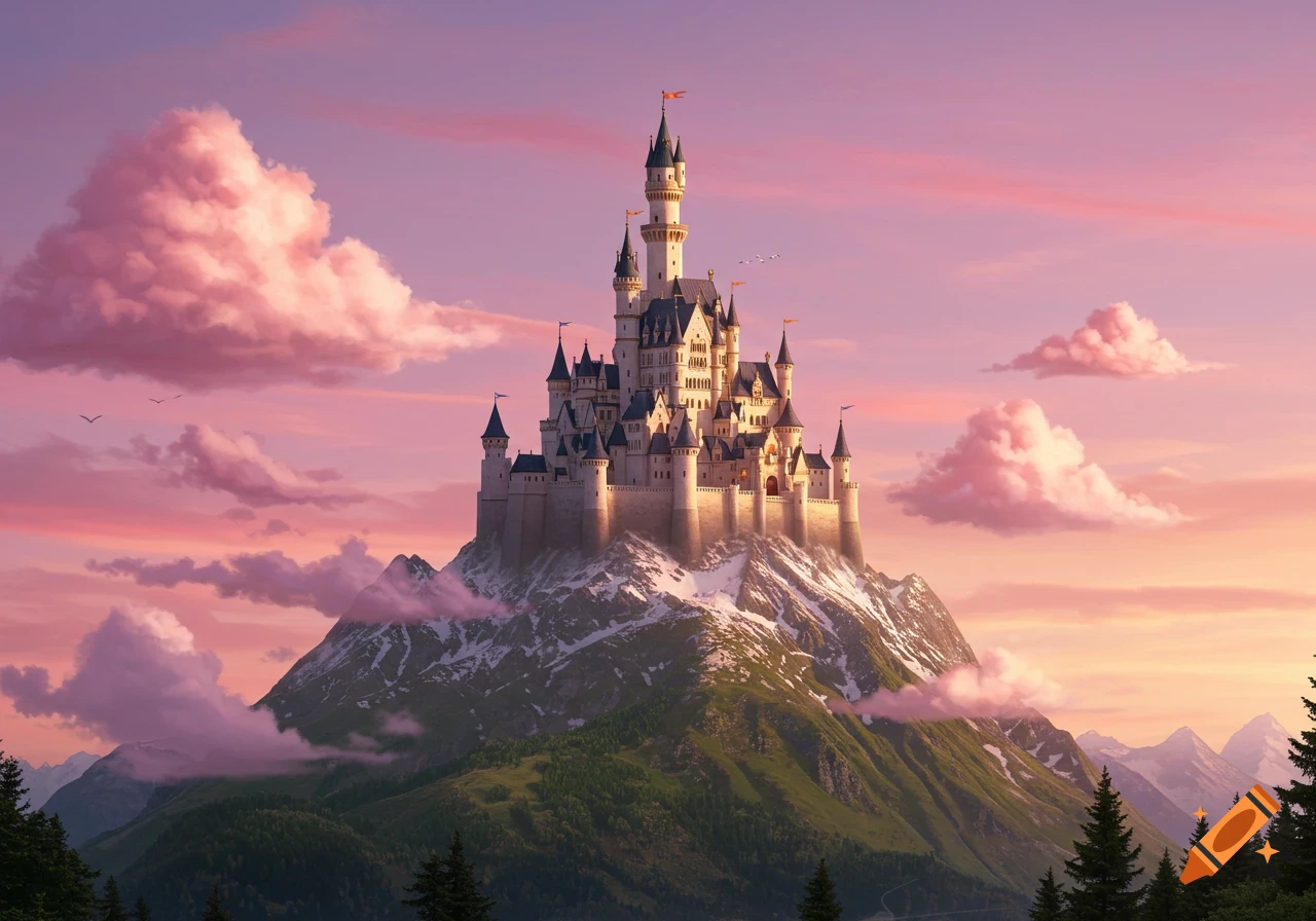 A grand fantasy castle stands on a snowy mountain peak under a dramatic ...