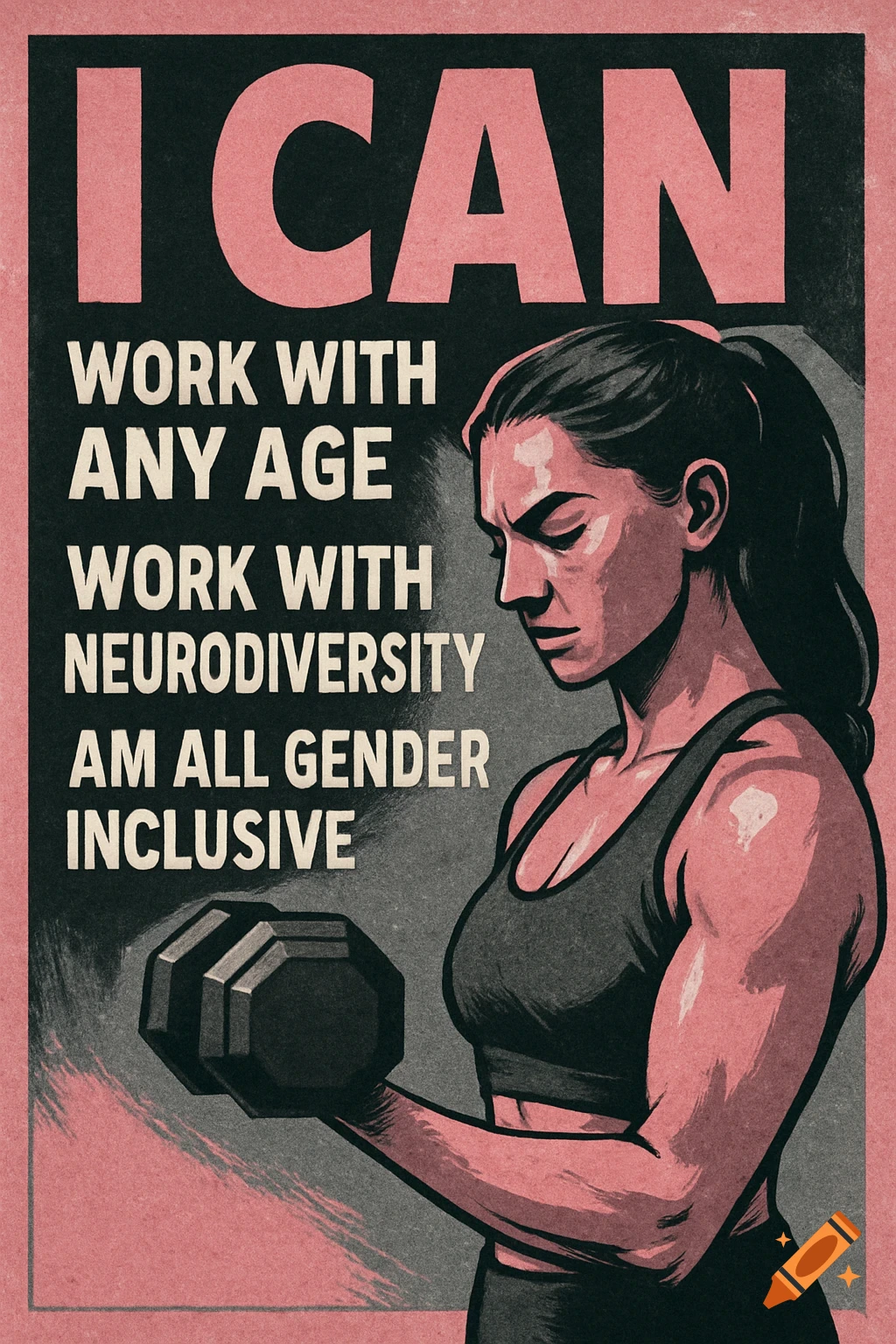 Poster of a woman lifting a dumbbell with text 'I CAN work with any age, work with neurodiversity, am all gender inclusive'.