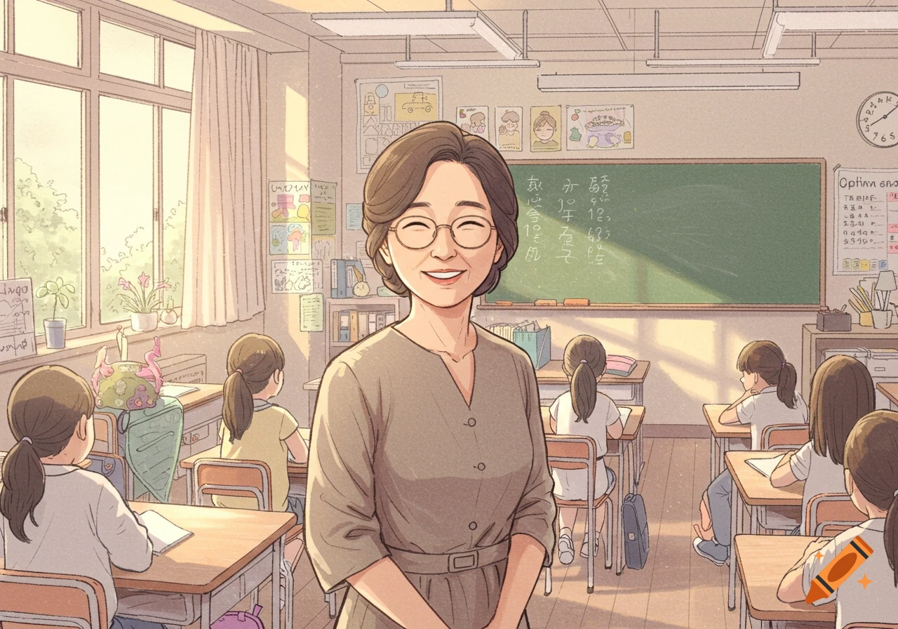 An anime-style illustration of an Asian teacher smiling in a sunny classroom with students at their desks.