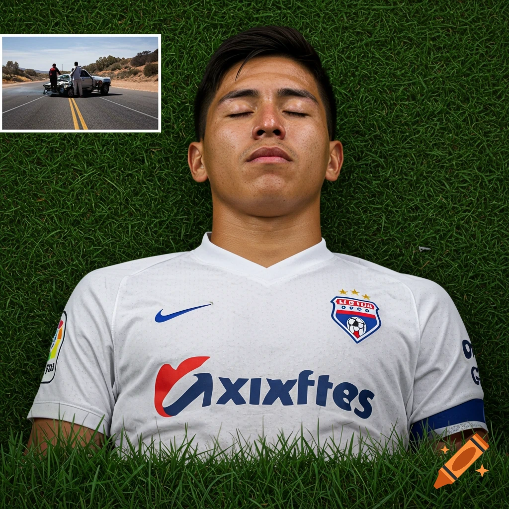 Young man in a white soccer jersey with crest and text lies on grass with eyes closed. Inset shows a car crash.